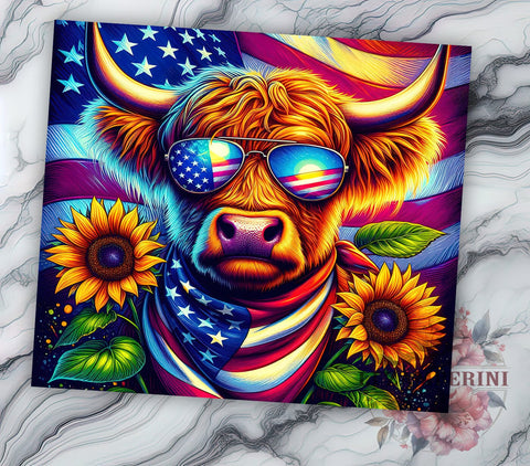 Highland Cow American Flag 20oz Tumbler Wrap PNG, 4th Of July Tumbler Png, Straight & Tapered Tumbler Wrap, Instant Digital Download Sublimation Li Zamperini 