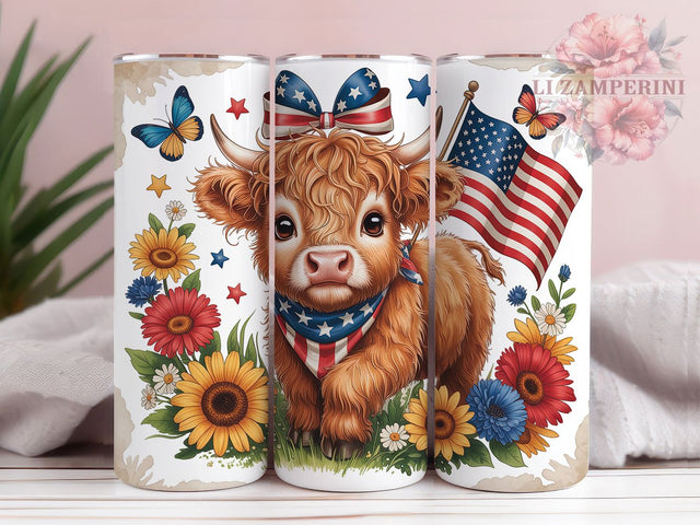 Highland Cow American Spirit 20oz Tumbler, Patriotic Design, Fluffy Baby Cow, Adorable Illustration, American Spirit, 20oz Tumbler Wrap, Sublimation PNG Sublimation Li Zamperini 