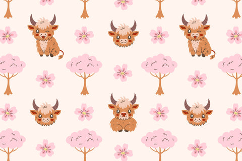 Highland Cow And Cherry Blossom Seamless Pattern Digital Pattern Rin Green 