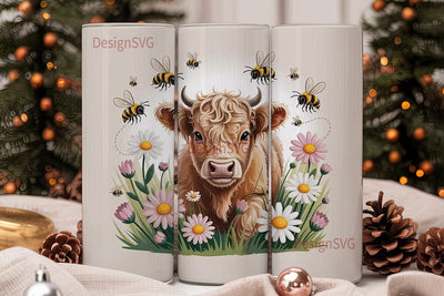 Highland Cow and Daisies Tumbler Wrap Sublimation DesignSVG 