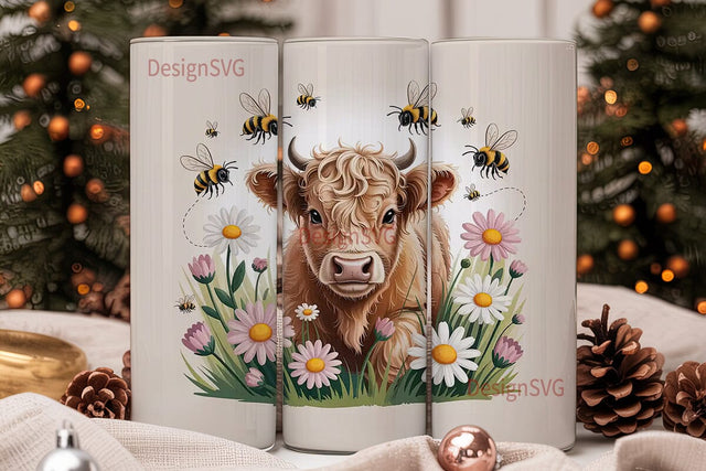 Highland Cow and Daisies Tumbler Wrap Sublimation DesignSVG 