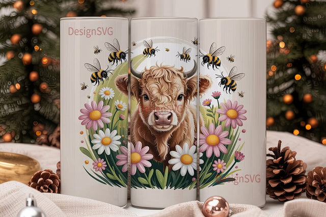 Highland Cow and Daisies Tumbler Wrap Sublimation DesignSVG 