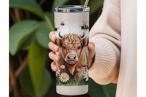 Highland Cow and Daisies Tumbler Wrap Sublimation DesignSVG 
