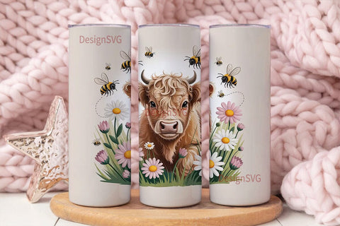 Highland Cow and Daisies Tumbler Wrap Sublimation DesignSVG 