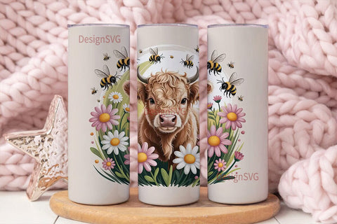 Highland Cow and Daisies Tumbler Wrap Sublimation DesignSVG 