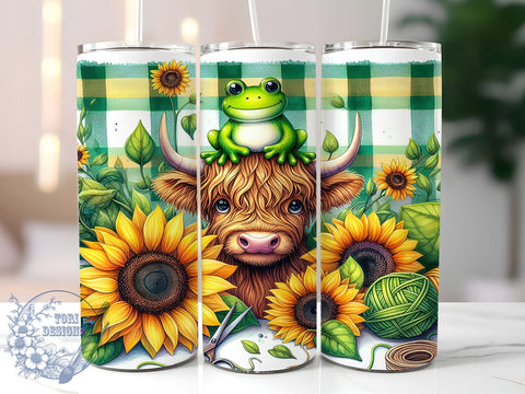 Highland Cow and Frog 20oz Skinny Tumbler, Highland Cow Tumbler Png, Straight & Tapered Tumbler Wrap, Instant Digital Download Sublimation ToriDesigns 