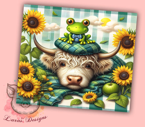 Highland Cow and Frog 20oz Tumbler Png, Straight & Tapered Tumbler Png, Highland Cow Tumbler Png, Digital Download PNG Sublimation Lara' s Designs 