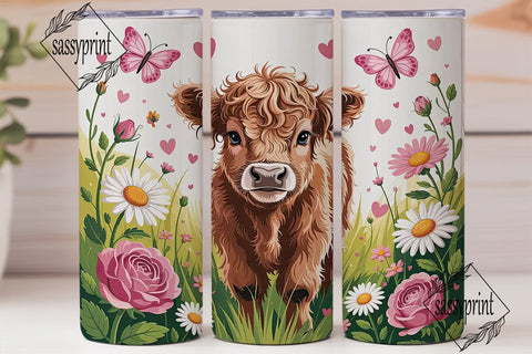 Highland Cow and Roses 20oz Tumbler Wrap Sublimation sassyprint 