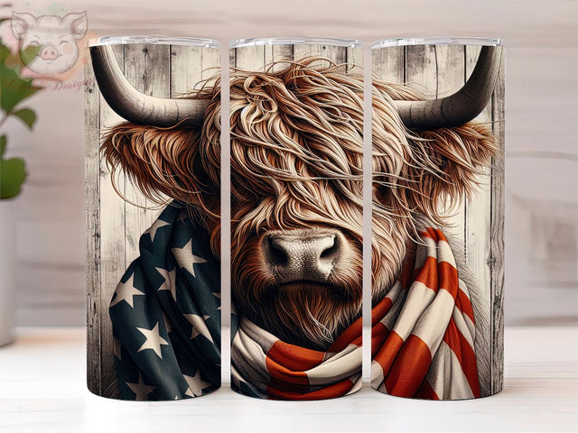 Highland Cow And USA Flag 20oz Tumbler Png, Straight & Tapered Tumbler Png, Highland Cow Tumbler Png, Digital Download PNG Sublimation Lara' s Designs 