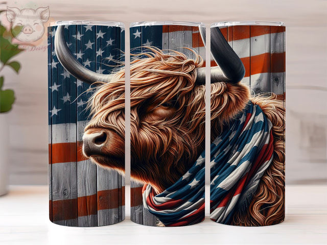 Highland Cow And USA Flag 20oz Tumbler Png, Straight & Tapered Tumbler Png, Highland Cow Tumbler Png, Digital Download PNG Sublimation Lara' s Designs 