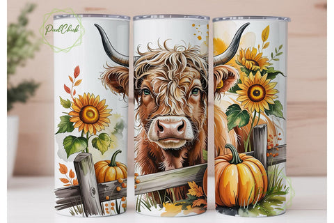 Highland Cow Autumn Farm Tumbler Wrap Sublimation PixelChick 