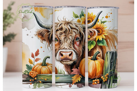 Highland Cow Autumn Farm Tumbler Wrap Sublimation PixelChick 