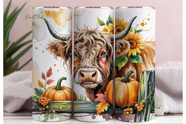 Highland Cow Autumn Farm Tumbler Wrap Sublimation PixelChick 