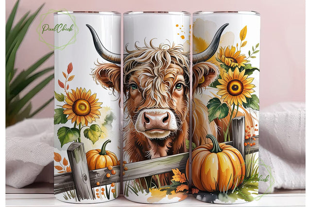 Highland Cow Autumn Farm Tumbler Wrap Sublimation PixelChick 