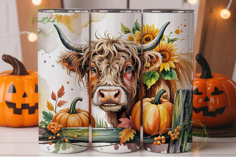 Highland Cow Autumn Farm Tumbler Wrap Sublimation PixelChick 