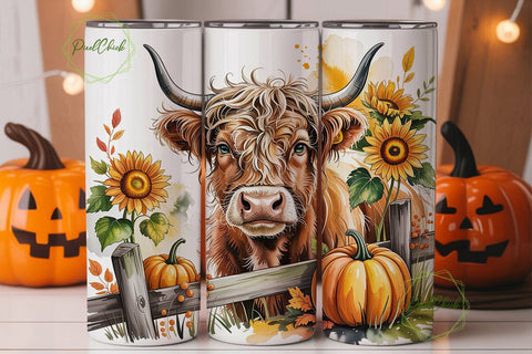Highland Cow Autumn Farm Tumbler Wrap Sublimation PixelChick 