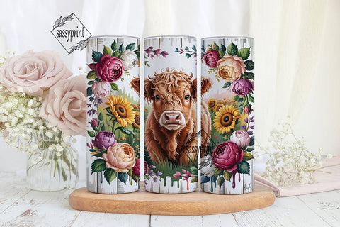Highland Cow Autumn Floral 20oz Tumbler Sublimation sassyprint 