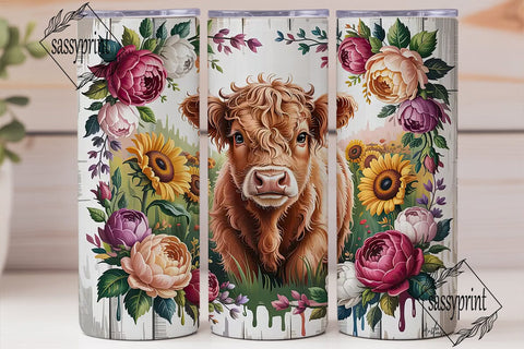 Highland Cow Autumn Floral 20oz Tumbler Sublimation sassyprint 