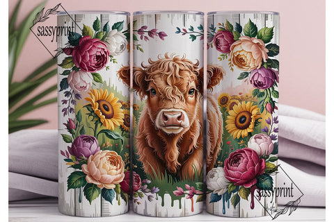 Highland Cow Autumn Floral 20oz Tumbler Sublimation sassyprint 
