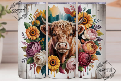 Highland Cow Autumn Floral 20oz Tumbler Sublimation sassyprint 