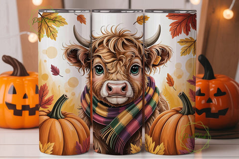 Highland Cow Autumn Pumpkins Tumbler Sublimation PixelChick 