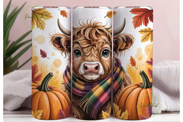 Highland Cow Autumn Pumpkins Tumbler Sublimation PixelChick 