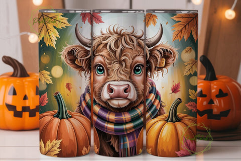 Highland Cow Autumn Pumpkins Tumbler Sublimation PixelChick 