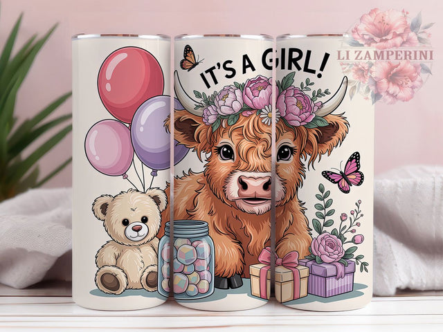 Highland Cow Baby 20oz Tumbler, It’s A Girl Wrap, Rustic Country Sublimation, Farm Animal Theme, Baby Shower Design, 20oz Tumbler Wrap, PNG Tumbler Design Sublimation Li Zamperini 