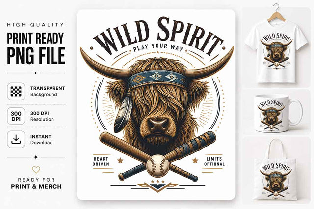 Highland Cow Baseball PNG | Wild Spirit Sublimation Design SVG BillahCrafts 