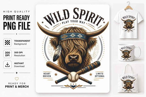 Highland Cow Baseball PNG | Wild Spirit Sublimation Design SVG BillahCrafts 