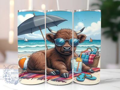 Highland Cow Beach 20oz Skinny Tumbler, Highland Cow Tumbler Png, Straight & Tapered Tumbler Wrap, Instant Digital Download Sublimation ToriDesigns 