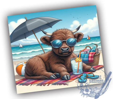 Highland Cow Beach 20oz Skinny Tumbler, Highland Cow Tumbler Png, Straight & Tapered Tumbler Wrap, Instant Digital Download Sublimation ToriDesigns 