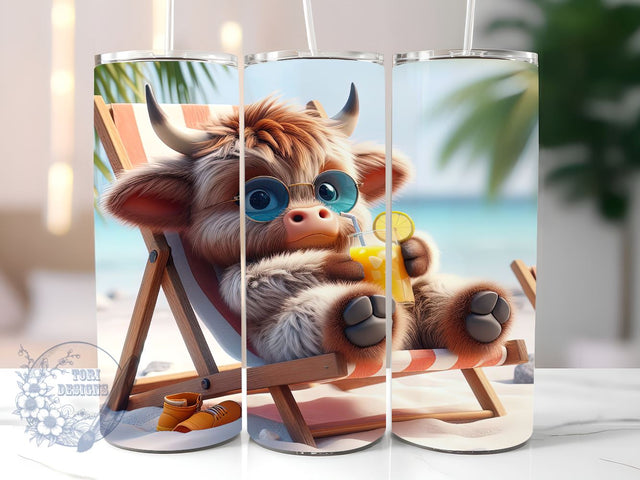 Highland Cow Beach Life 20oz Skinny Tumbler, Highland Cow Tumbler Png, Straight & Tapered Tumbler Wrap, Instant Digital Download Sublimation ToriDesigns 