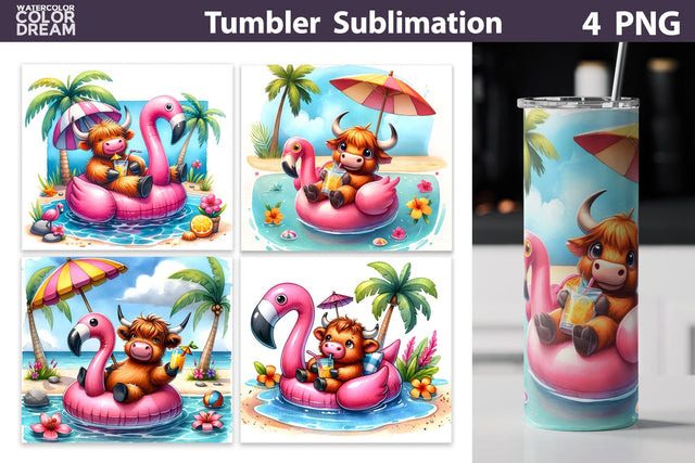 Highland Cow Beach Tumbler | Tropical Summer Tumbler Wrap Sublimation WatercolorColorDream 