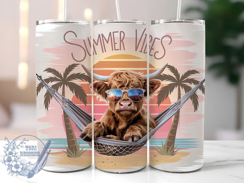Highland Cow Beach Vacation 20oz Skinny Tumbler PNG, Summer Vibes Tumbler Sublimation Wrap, Straight & Tapered Tumbler Wrap, Instant Digital Download Sublimation ToriDesigns 