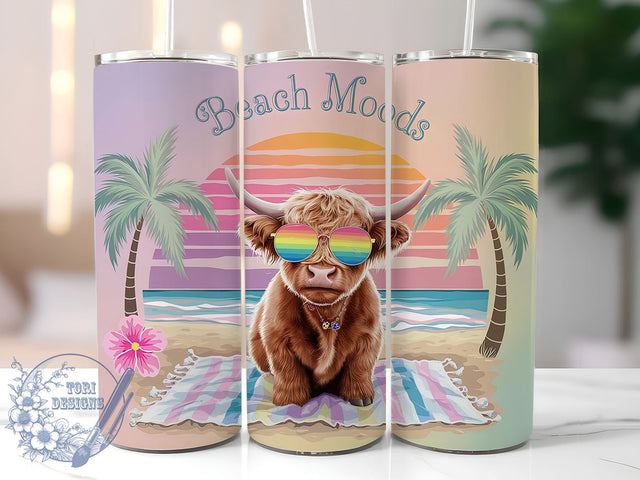 Highland Cow Beach Vibes Moods 20oz Skinny Tumbler PNG, Cute Beach Tumbler Sublimation Wrap, Straight & Tapered Tumbler Wrap, Instant Digital Download Sublimation ToriDesigns 