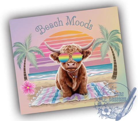 Highland Cow Beach Vibes Moods 20oz Skinny Tumbler PNG, Cute Beach Tumbler Sublimation Wrap, Straight & Tapered Tumbler Wrap, Instant Digital Download Sublimation ToriDesigns 