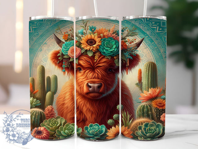 Highland Cow Boho 20oz Western Tumbler Wrap, Sunflower Cactus Tumbler, 20oz Tumbler Design, Sublimation Tumbler Wrap, Western Aesthetic Tumbler, Rustic Farmhouse Tumbler Sublimation ToriDesigns 