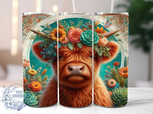 Highland Cow Boho 20oz Western Tumbler Wrap, Sunflower Cactus Tumbler, 20oz Tumbler Design, Sublimation Tumbler Wrap, Western Aesthetic Tumbler, Rustic Farmhouse Tumbler Sublimation ToriDesigns 