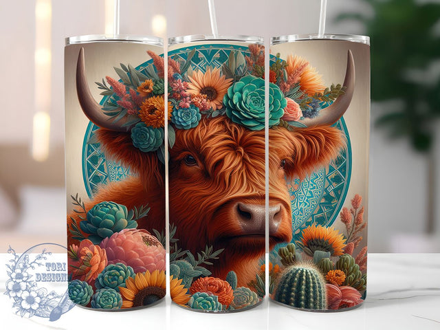 Highland Cow Boho 20oz Western Tumbler Wrap, Sunflower Cactus Tumbler, 20oz Tumbler Design, Sublimation Tumbler Wrap, Western Aesthetic Tumbler, Rustic Farmhouse Tumbler Sublimation ToriDesigns 