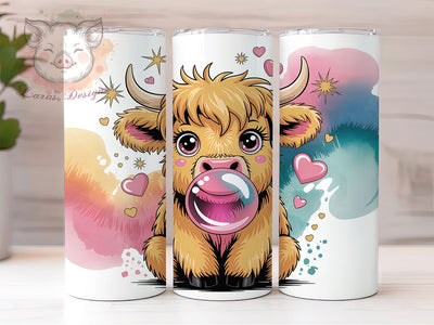 Highland Cow Bubblegum Cute 20oz Tumbler, Bubblegum Cow, Cute Cartoon, Fluffy Fur, Tan Golden, 20oz Tumbler Wrap, Sublimation PNG Sublimation Lara' s Designs 