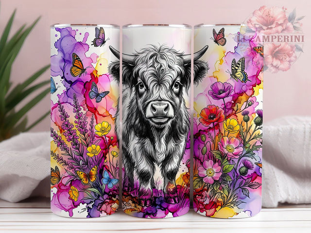 Highland Cow Butterfly 20oz Tumbler, Highland Cow, Butterfly Motif, Rustic Charm, Farmhouse Style, Whimsical Aesthetic, 20oz Wrap, Sublimation Tumbler Sublimation Li Zamperini 