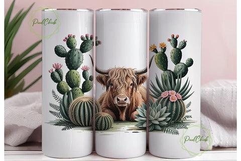 Highland Cow & Cactus 20oz Tumbler Wrap Sublimation PixelChick 