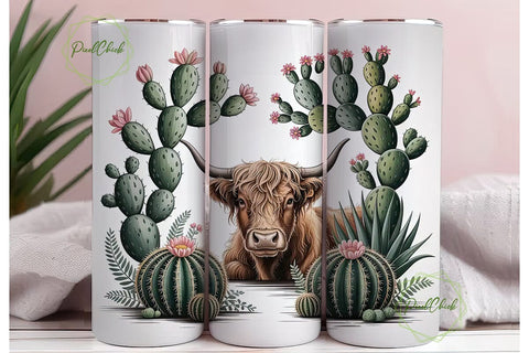 Highland Cow & Cactus 20oz Tumbler Wrap Sublimation PixelChick 