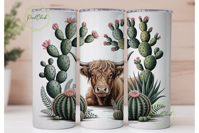 Highland Cow & Cactus 20oz Tumbler Wrap Sublimation PixelChick 