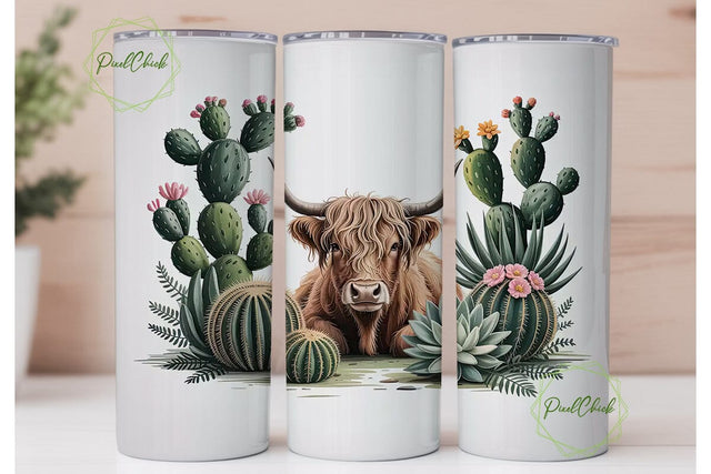 Highland Cow & Cactus 20oz Tumbler Wrap Sublimation PixelChick 