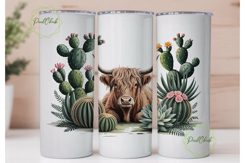 Highland Cow & Cactus 20oz Tumbler Wrap Sublimation PixelChick 