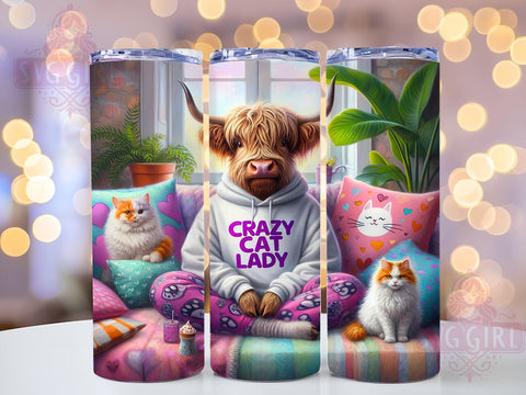 Highland Cow & Cat Lover Tumbler, Highland Cow Tumbler, Crazy Cat Lady Gift, 20oz Wrap, Cat Lover Drinkware, Funny Animal Design, Farmhouse Decor, Sublimation Art Sublimation SvggirlplusArt 