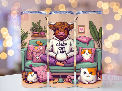Highland Cow & Cat Lover Tumbler, Highland Cow Tumbler, Crazy Cat Lady Gift, 20oz Wrap, Cat Lover Drinkware, Funny Animal Design, Farmhouse Decor, Sublimation Art Sublimation SvggirlplusArt 