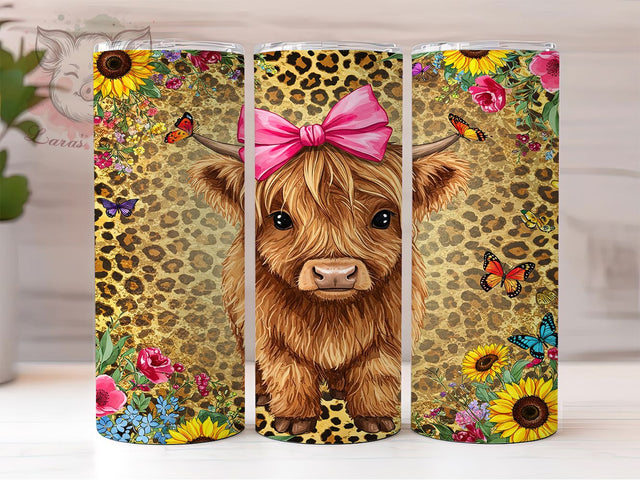 Highland Cow Cheetah 20oz Country Tumbler, Cheetah Print Cup, Floral Cow Design, 20oz Tumbler Wrap, Western Farm Mug, Sublimation Animal Print, Country Chic Tumbler Sublimation Lara' s Designs 